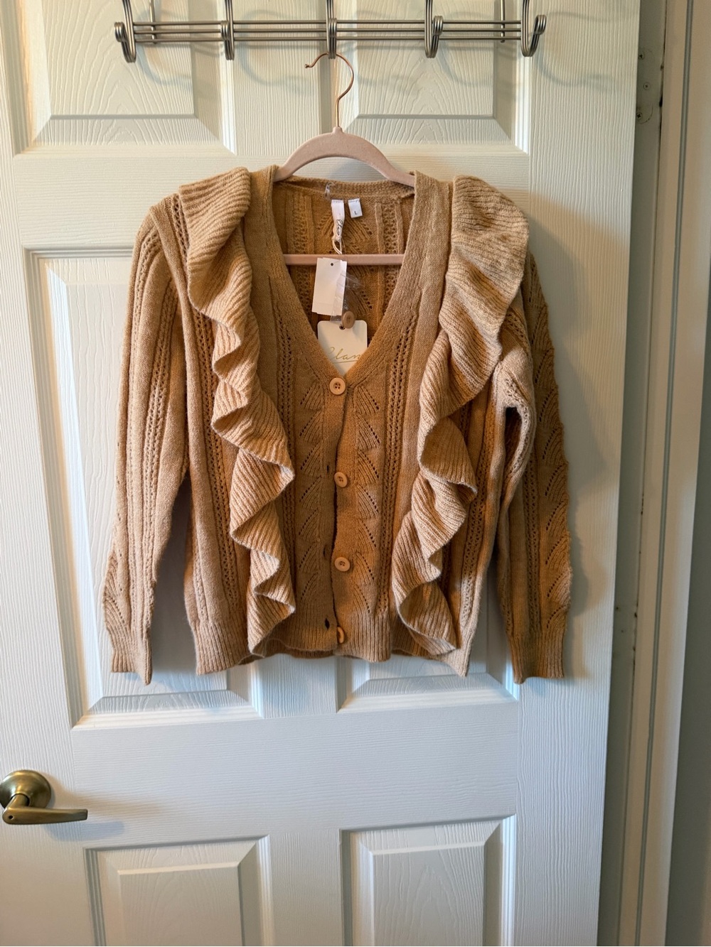 Elan Camel Ruffle-Front Cable Knit Cardigan